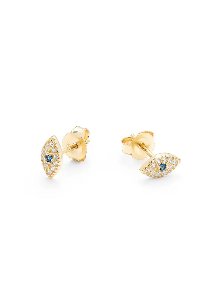 Simon Curwood 9K Yellow Gold Blue Sapphire Cluster and Zirconia Evil Eye Stud Earrings $489