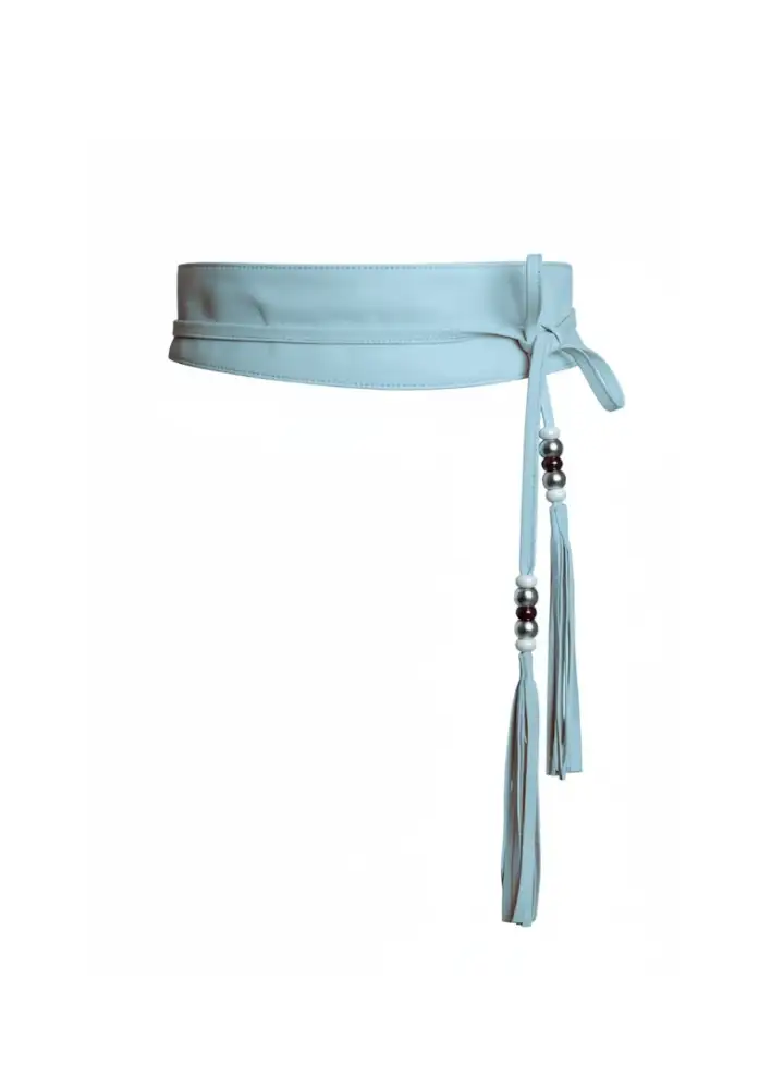 Wolf & Badger Juan Jo Light Blue Leather Obi Belt With Long Tassels $248
