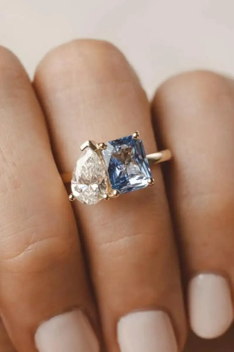 Kavalri Elodie Toi et Moi Blue Ceylon Radiant Sapphire and Lab Diamond Ring $11,895