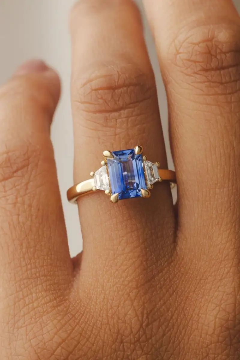 Kavalri Rebecca Emerald Cut Blue Ceylon Sapphire Trapezoid Engagement Ring $10,875