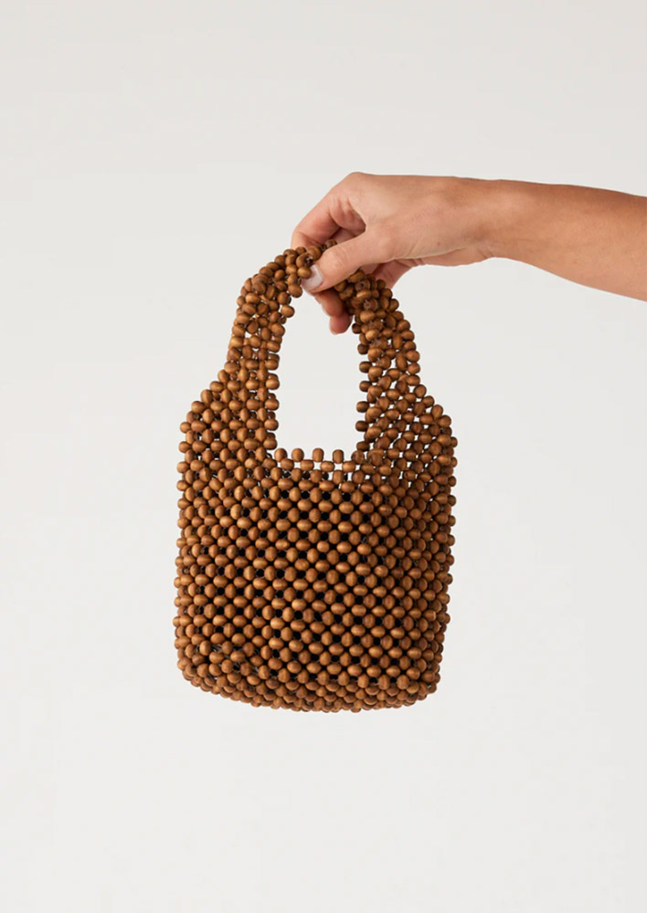 Zulu and Zephyr Small Beaded Bucket Bag - Walnut $110